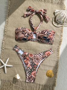 Sexy Halter Metal Accessory Floral & Leopard Print Fashion Beach Holiday Bikini Set - Flower Prints - View 1