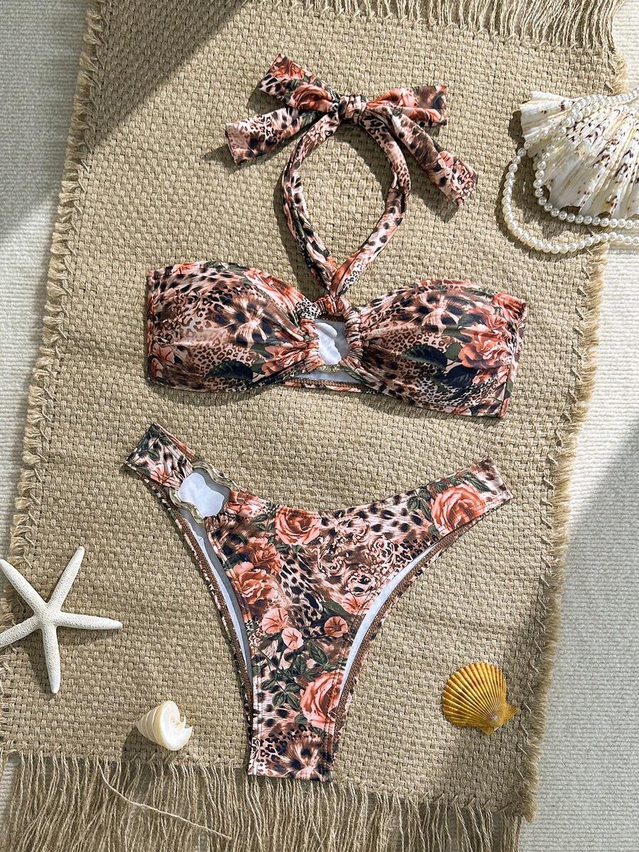 Sexy Halter Metal Accessory Floral & Leopard Print Fashion Beach Holiday Bikini Set - Flower Prints - View 1