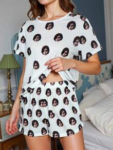Conjunto de pijama feminino de manga curta com 2 peças, personalizado com foto/retrato, tecido leve, respirável e confortável, presente para amigo, amante, parceiro, festa, aniversário, dia das mães, inclui 1 máscara de dormir, cachorro, colorido, fofo, adorável, contratado, engraçado, personalizado, único, personalizado, presentes ideais para ele, presentes ideais para ela, namorado, namorada, família, amigos, avós, dela - Branco - Ver 2