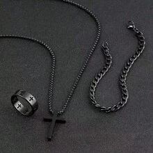 Set de 3 piezas con collar, pulsera y anillo con cruz, popular en Europa y América - Multicolor - Ver 8