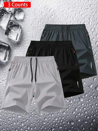3pcs Men's Sport Shorts Set, Summer, Thin Ice Silk Quick-Dry Shorts, Fashionable Casual Running Fitness Beach Shorts