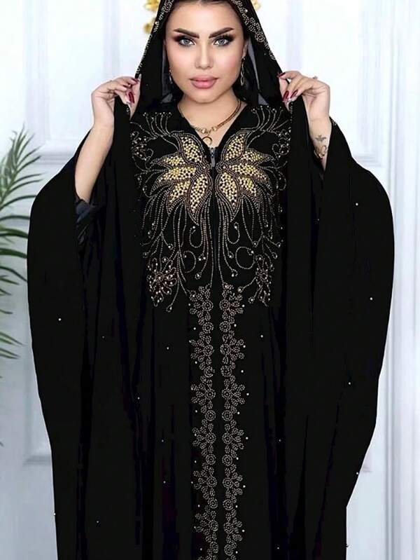 Abaya nera leggera con borchie e strass, abbigliamento elegante e ampio con maniche a sbuffo, ornato di cristalli, stile Medio Oriente, Africa e Sud-Est asiatico, abito tradizionale e fluido, abito modesto