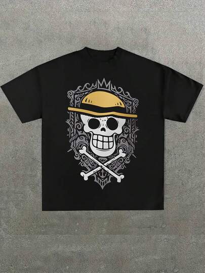 Plus Size Men's,Straw Hat Pirates Skull ,(1 Pcs )100% Cotton Casual Printed T-Shirt,Crew Neck Short Sleeve,220g  Cotton T-Shirt,For Going Out,Gift,Summer,Unisex