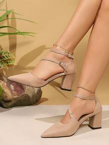 Women's Fashion Pointed Toe Chunky Heel Soft Sole Breathable Square Heel Sandals, Outdoor Versatile Holiday Style, Double Buckle Black High Heels - Apricot - View 2