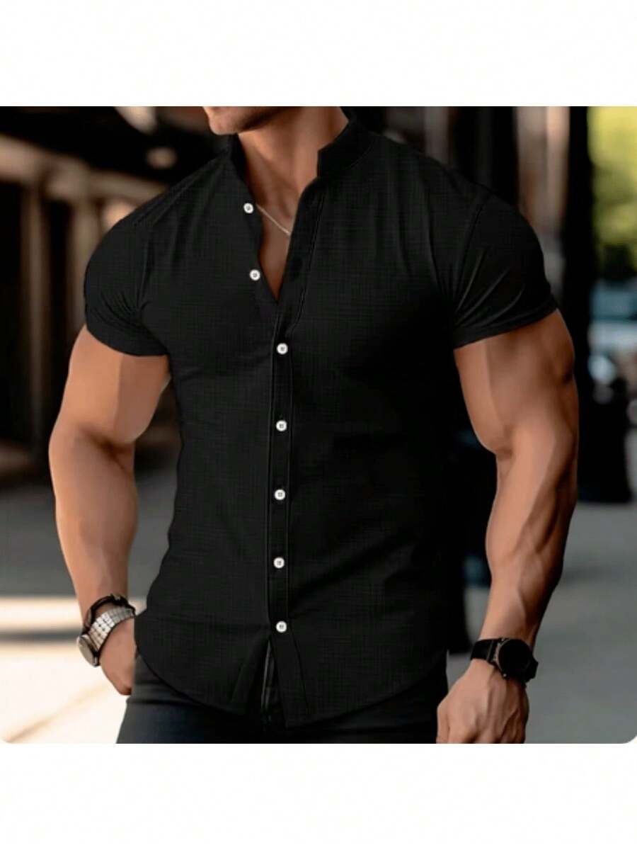 Men's Short Sleeve Dress Shirt With Slim Priest Collar - 黑色 - 查看 1