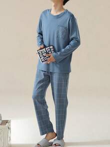 AICJ 男士休闲宽松纯色圆领套头睡衣套装，浅色简约家居服长袖上衣和裤子，情人节和新年礼物，秋冬服装