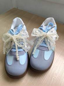 2pcs Elegant Lace & Pearl Bow Shoe Clips, DIY Shoes Charms For , Canvans, Sneakers, High Heels, Casuals Shoes, Ideal Women's Gift, Light Blue Ribbon Detail, Decorative Shoe Laces Accessory For Mother's Day, Back To School, Spring Decor, Birthday Party Supply