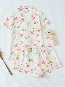 2 Pieces Women Floral Print Summer Pajama Set, Short Sleeve Button-Up Shirt Collar Blouse And Bowknot Shorts, Spring/Summer Casual Loungewear - Apricot - View 2