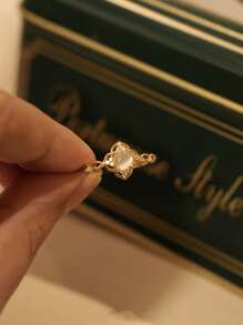 1pc Elegant Women S925 Sterling Silver Clover Cat Eye Stone Micro Inlay Adjustable Ring, Suitable For Mother's Day Gift, Family Gift