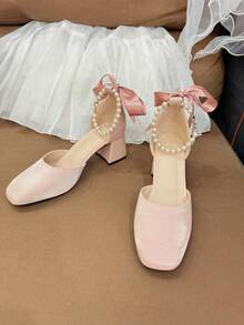 Teens' Square Toe Heels, Fashionable, Elegant, Comfortable Soft Material, Ribbon & Pearl Design, Basic Style Suitable For Various Occasions - Pink - View 10