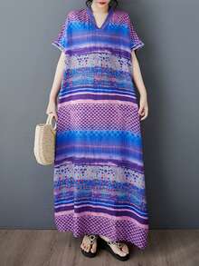 2025 Sommer Neues Lässiges Kleid mit V-Ausschnitt und Kurzarm, Boho Casual Urlaubs Strandkleid, Elegantes Langes Kleid, Nachthemd Unterhemd, Lila - Farbbalken - Übersicht 2