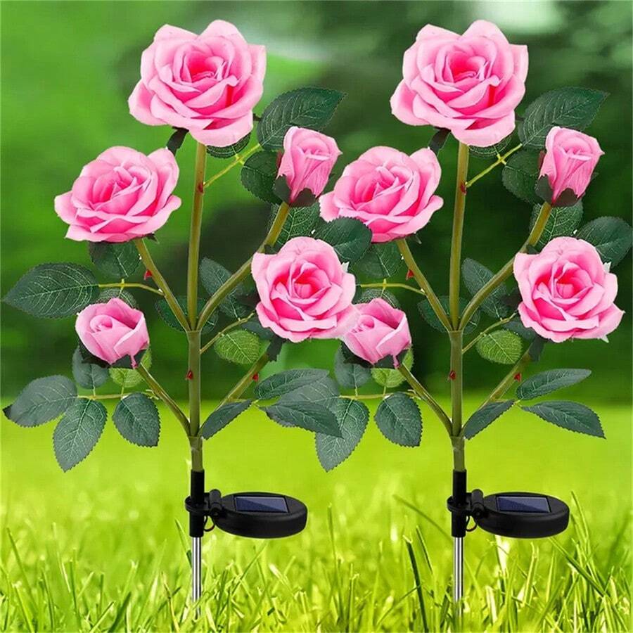 1 Stück 5-köpfige Outdoor Solar betriebene wasserdichte Rosenlichter, erhältlich in Rot, Gelb, Weiß, Blau und Pink, geeignet für Garten, Rasen, Hof und Veranda Dekoration