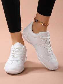 Damskie proste, codzienne buty do tańca, klasyczne, antypoślizgowe, gumowe, miękkie podeszwy, do tańca scenicznego, buty do ćwiczeń w pomieszczeniach, do skakania na skakance, do aerobiku, na bieżnię, ciche, miękkie podeszwy, wygodne, oddychające, sznurowane, elastyczne buty do tańca (wersja skórzana, wąska, sugerujemy zamówienie o jeden rozmiar większego) - Biały - Zobacz 5