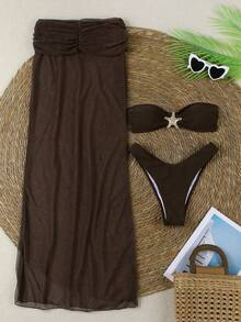 新款春夏欧美休闲性感纯色卡其色海星三件套泳衣，海滩度假派对约会 - 卡其色 - 查看 2