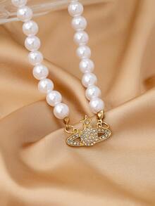 1pc Women's Fashionable Sparkling Heart Star Pearl Necklace With Earrings Set, Gold Tone - White - View 8
