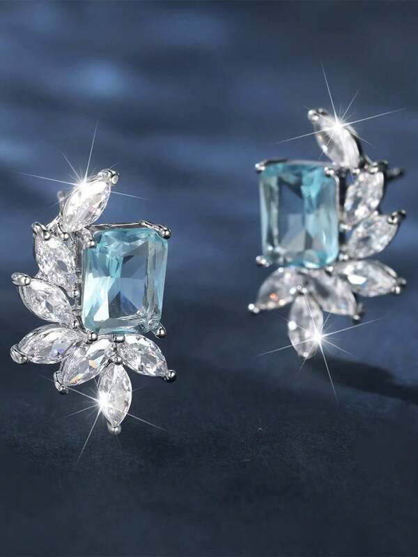 طقم حلق ورق سماوي اللون فاخر أنيق من البلورات المربعة الزركونية، حلق فاخر عصري رقيق