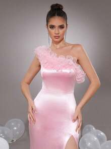 Modphy 性感粉色无袖不对称领口荷叶边修身缎面连衣裙，时尚女士伴娘礼服，正式晚礼服，派对礼服，适合婚礼宾客