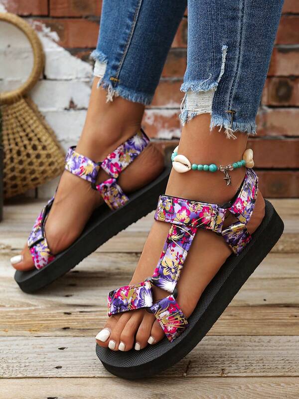 Sandalias deportivas cómodas para mujer con estampado floral, nuevas sandalias planas para la playa con suela antideslizante para verano, con cierre de gancho y bucle, sandalias abiertas para exterior