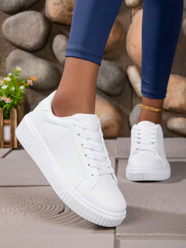 New Classic White Sneakers For Women, Casual Flat Lace-Up Comfortable Commuter Shoes