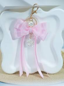 1 Elegant Faux Pearl And Bow Decoration Keychain Pendant With Creative Colorful Woven Ribbon Fabric Knot Accessories, Headphone And Mobile Bag Accessories