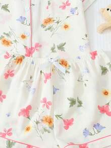 2 Pieces Women Floral Print Summer Pajama Set, Short Sleeve Button-Up Shirt Collar Blouse And Bowknot Shorts, Spring/Summer Casual Loungewear - Apricot - View 7