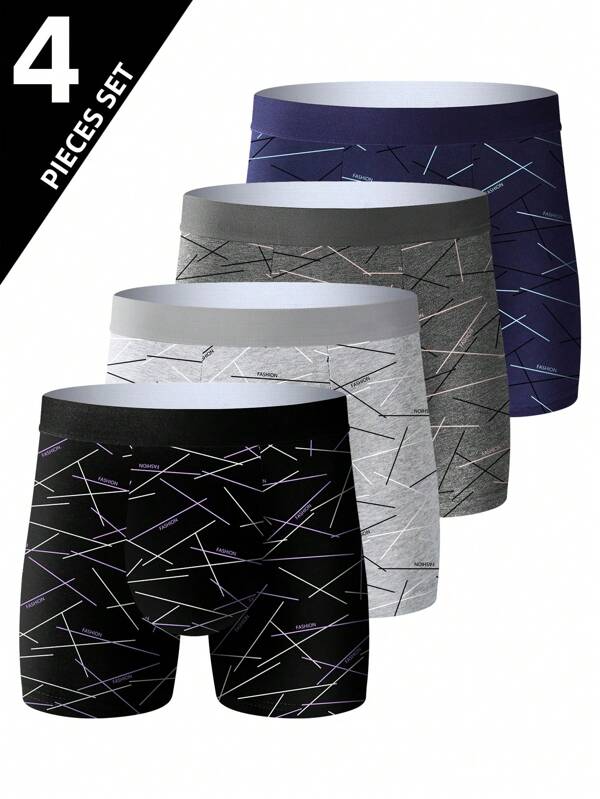 4 pares de calzoncillos tipo bóxer largos con estampado de moda para hombre, calzoncillos tipo bóxer largos cómodos y elásticos, ropa interior larga deportiva, ropa interior novedosa para hombres, calzoncillos de ciclismo