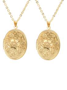1pc Elegant Stainless Steel Oval Floral Pattern Locket Necklace, Versatile For Men And Women, Exquisite Gift