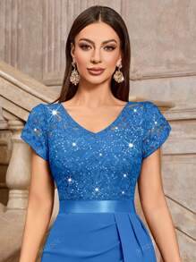 MIUSOL Vestido Ajustado Elegante para Cóctel con Body de Encaje con Lentejuelas, Mangas Abullonadas y Abertura en el Muslo