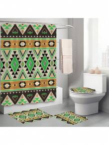 1pc/4pcs Boho Style Bathroom Decor Set: Waterproof Shower Curtain With 12 Hooks, Non-Slip Bath Mat, U-Shaped Toilet Mat, And Round Toilet Seat Cover, Multi-Functional Bathroom Accessory Set Back To School