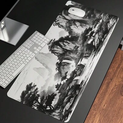 Alfombrilla de ratón con diseño de paisaje estilo chino, tapete de escritorio grande con árboles y montañas, alfombrilla de teclado XL estilo anime para gaming, base de goma antideslizante, protector de escritorio extendido grande para el hogar y la oficina
