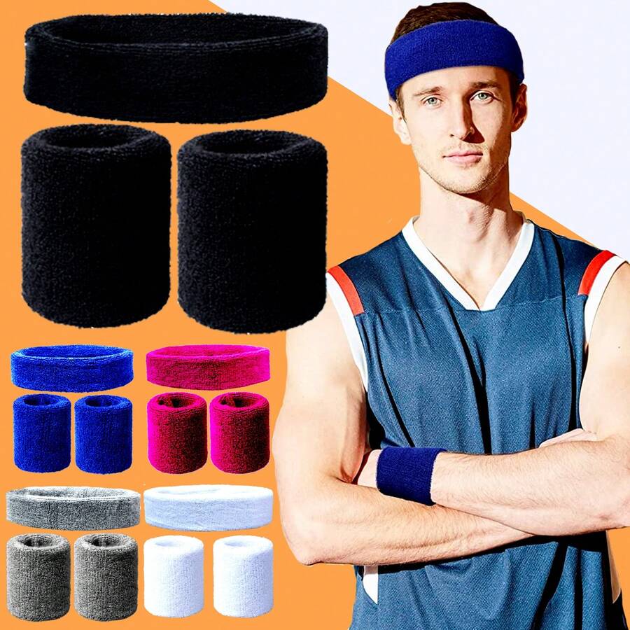 3pcs Banda Deportiva Cabeza Sudor Elástica Diadema Muñequera - Negro - Ver 1