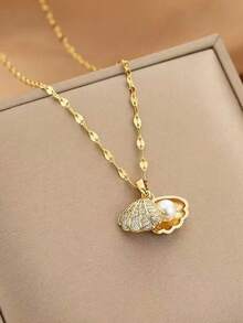 1pc Stainless Steel Micro-Inlaid Zirconia Hollow Shell Pearl Necklace - Yellow Gold - View 3