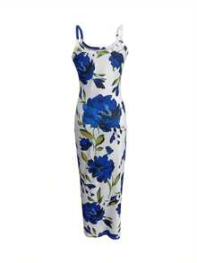 Elegant Women's Floral Print Bodycon Maxi Dress, Yellow Print Slim Camisole Dress, Polyester Knitted Fabric, Women's Round Neck Sleeveless Maxi Dress, Suitable For All Seasons, Backless Dress - Blue - View 2