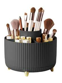 1pc 360° Rotating Makeup Organizer,Plastic Cosmetic Storage With 5 Compartments,Multi-Functional Holder For Brushes,Lipsticks,Skin Care Products,And Stationery, Unscented Desk Caddy With Luxury Stripe Design Home Bathroom Decor Fall Decor Makeup Organizer Back To School