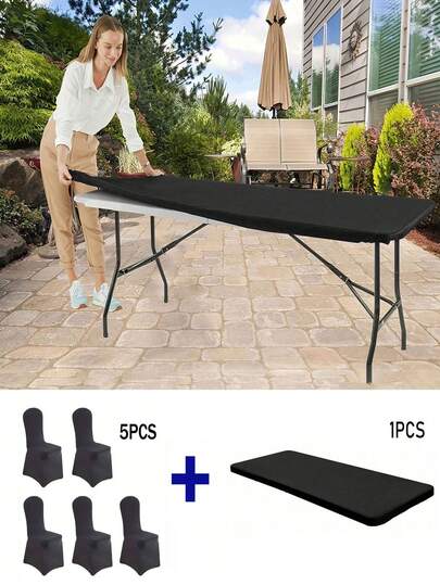 2pcs Elastic Fitted Tablecloth, 1pc Tablecloth Cover + 5pcs Polyester Spandex Chair Covers Set, High Stretch Polyester Spandex Tablecloth, Suitable For Indoor, Outdoor, Picnic And Camping, Suitable For Wedding Decoration/Hotel/Restaurant Party/Cocktail Party/Birthday Party/Valentine's Day/Conference Room/Office/ Exhibition/Outdoor/Ceremony, Elegant And Fashionable Home Decor, Outdoor Decor, Garden Decor, Picnic Tablecloth/Tablecloth/Picnic Mat, Suitable For Decorating All Holidays And Important Occasions
