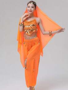 Women's Style Sparkling Belly Dance Three Pieces Set: Sequined Top + Lantern Pants + Headscarf Set For Halloween Carnival Party Stage Performance Costume