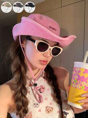 1 件男女通用甜心刺绣粉色渔夫帽，带风绳，适合户外活动、徒步旅行、钓鱼、海滩、运动、旅行