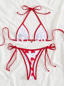 2 قطعة مجموعة بيكيني للنساء مطبوع عليها جزر الكرز مع كشكش وألوان متباينة للعطلات الشاطئية