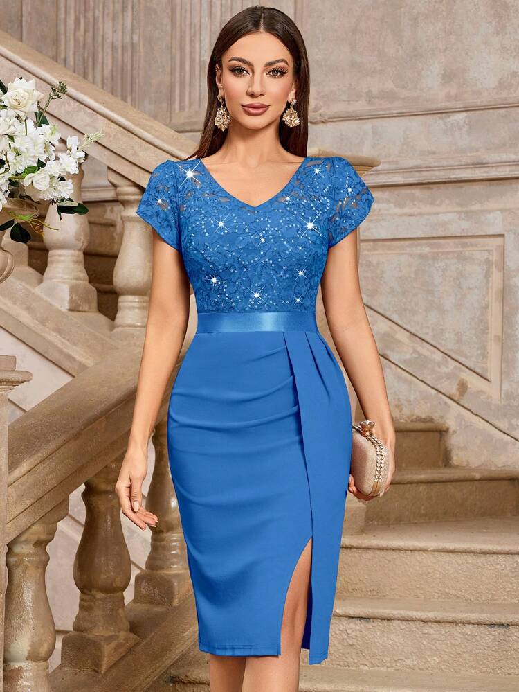 fitted semi formal dresses MIUSOL Elegant Sequin Lace Puff Sleeve Ruched Slit Thigh Dress, Semi- Women's Dress, Suitable For Wedding Guest, Graduation Ceremony, Dinner FLATS