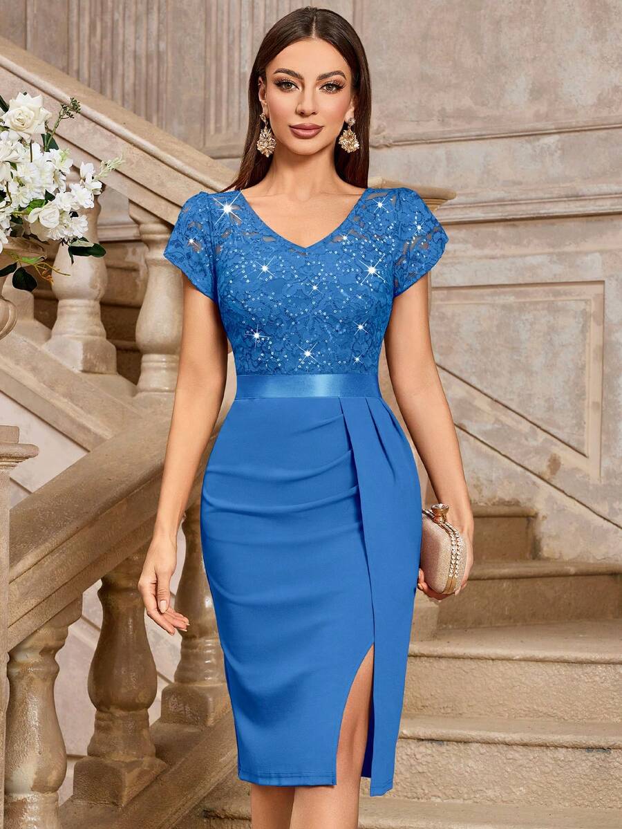 MIUSOL Elegant Sequin Lace Puff Sleeve Ruched High Slit Bodycon Cocktail Dress, Semi-Formal Women's Dress Suitable For Wedding Guests, Graduation Ceremonies, Galas And Other Occasions - Blue - View 1