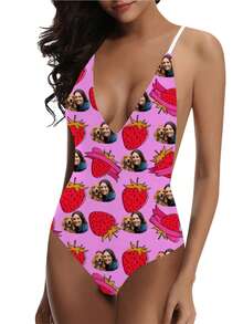 1pc Custom Made Women One-Piece Swimsuit, Pink Strawberry High Waist Backless Sleeveless Swimwear, Teenage Girl Style, For Pool, Beach, Holiday - Multicolor - View 2