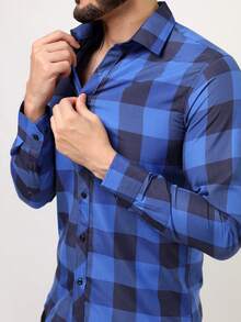 Long Sleeve Plaid Dress Shirt 35% Cotton 65% Polyester Wrinkle Free Easy Ironing China Factory Size 1-6 - 寶藍色 - 查看 4