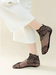 1 双花卉印花休闲涤纶（聚酯纤维）女士薄款蕾丝踝袜，夏季