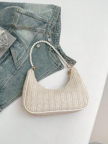 新款春夏时尚蝴蝶结围巾装饰手提包、草编单肩包、休闲新月形单肩包（配仿珍珠链）、优雅女包、沙滩必需品、沙滩必备品、沙滩用品和夏季必需品