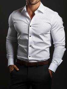 Men's Business Formal Shirt, Spring/Autumn, Suitable For Suit, Patterned With Regular Polka Dots, Visual Style, Silver-Edged Buttons, Regular Fit, Comfortable To Wear - White - View 2
