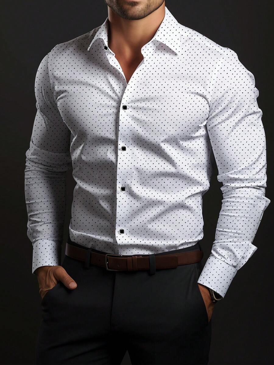 Men's Business Formal Shirt, Spring/Autumn, Suitable For Suit, Patterned With Regular Polka Dots, Visual Style, Silver-Edged Buttons, Regular Fit, Comfortable To Wear