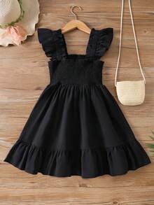 Tween Girl Simple Stylish Black Flutter Sleeve Square Neck Ruffle Hem Vacation Dress, Fitted Top, Suitable For Spring/Summer, Casual, Beach, Fits Girls Ages 8-12 - Black - View 1