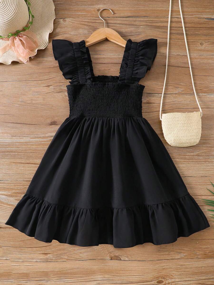 Tween Girl Simple Stylish Black Flutter Sleeve Square Neck Ruffle Hem Vacation Dress, Fitted Top, Suitable For Spring/Summer, Casual, Beach, Fits Girls Ages 8-12 - Black - View 1