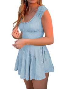 Women Summer Short Dress Solid Color Ruched Bust Boat Neck Off Shoulder Puff Sleeve A-Line One Piece For Ladies - Blue - View 4
