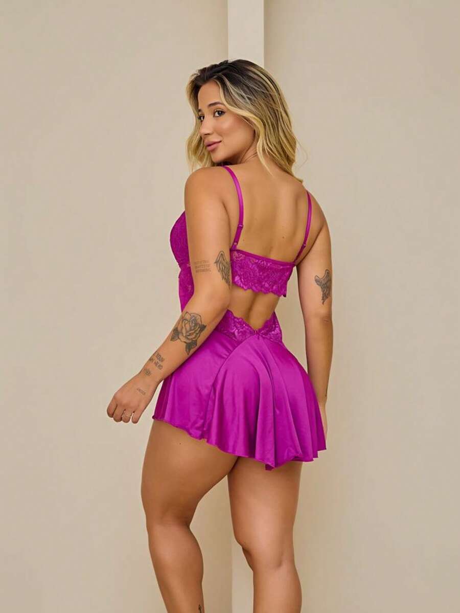 Sexy Lace Nightdress Without Pads Backless Sexy Pajamas Sleepwear Open Back - 玫瑰紅 - 查看 1
